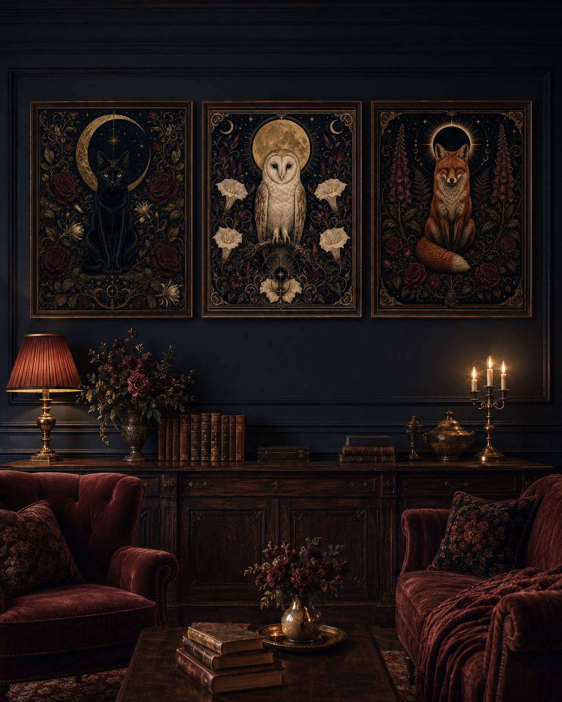 Gothic Animal Prints Set, Celestial Cat Owl Fox, Dark Academia Decor (Digital Download)