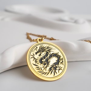 Solid Gold Chinese Dragon Necklace - Chinese Mythology - 925K Silver Dragon Medallion Necklace