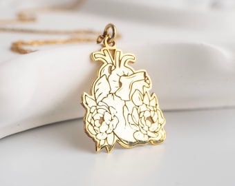 Anatomical Flower Detailed Heart Necklace - Gift Your Heart to Your Loved One - 14K Solid Gold - 925K Silver