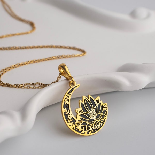 Mond und Lotus in perfekter Harmonie - Lotus und Mond Halskette - 14K Massivgold - Mutter Geschenk