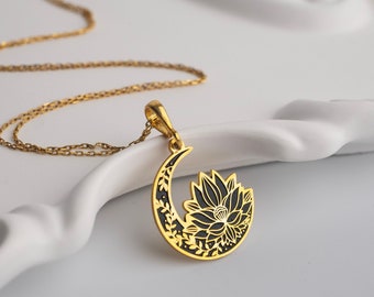 Moon and Lotus in Perfect Harmony - Lotus and Moon Necklace - 14K Solid Gold - Mom Gift