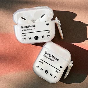 May include: Two white AirPod cases with a music player graphic. The cases are clear and have the text "Song Name" and "Artist Name" printed on them. The cases also have a play/pause button, a skip back button, and a skip forward button.