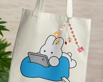 Cute Cartoon Rabbit Tote Bag with Charm, Bunny with Headphones Cotton Canvas Bag, Cartoon Anime Character Keychain Charm Bag, Kawaii Bag