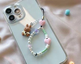Kawaii Bear Phone Charm: Teddy Beaded Camera Strap with Pink Heart Pearl Phone Chain