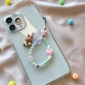 Kawaii Bear Phone Charm, Teddy Bear Beaded Phone Chain, Aesthetic Pink Heart Beaded Phone Accessories, Vintage Camera Strap, Bottle Charm