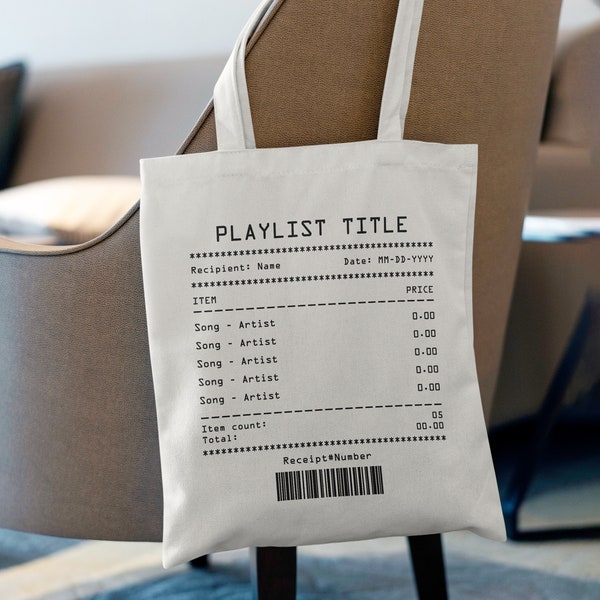 Custom Song Receipt Tote Bag, Personalized Playlist Receipt Cotton Canvas Bag, Custom Music Shoulder Bag, Customizable Song Shopping Bag