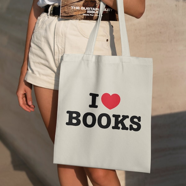 I Love Books Tote Bag, Book Lover Cotton Canvas Bag, Bookish Shoulder Bag, Gift for Readers, Book Themed Shopping Bag,  Library Organic Tote