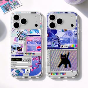May include: Two clear phone cases with colorful retro-style designs. One features a Windows interface, a Diet Crystal Pepsi logo, and a Japanese wave pattern. The other has a black cat graphic and a Windows Paint interface.