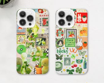 Kawaii Green Anime Collage MagSafe Phone Case: Japanese Manga Art Cover iPhone 16 Samsung