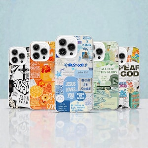 May include: Five smartphone cases featuring collage-style designs with religious themes. The cases display various text including "Jesus Loves You," "Fear God," "Trust God," and "All For His Glory," alongside illustrations of flowers, crosses, and nature scenes in orange, blue, green, and black and white.