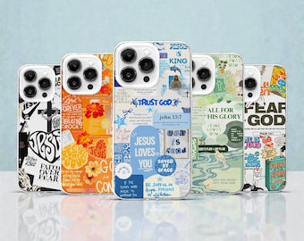 Funda para teléfono MagSafe con diseño de collage cristiano y versículo bíblico "Jesús te ama" para iPhone y Samsung.