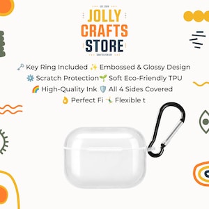 May include: Clear protective case for earbuds with a black carabiner clip. The case is transparent, allowing the earbuds to be visible. The image includes the text "JOLLY CRAFTS STORE" and features like "Key Ring Included" and "Scratch Protection".