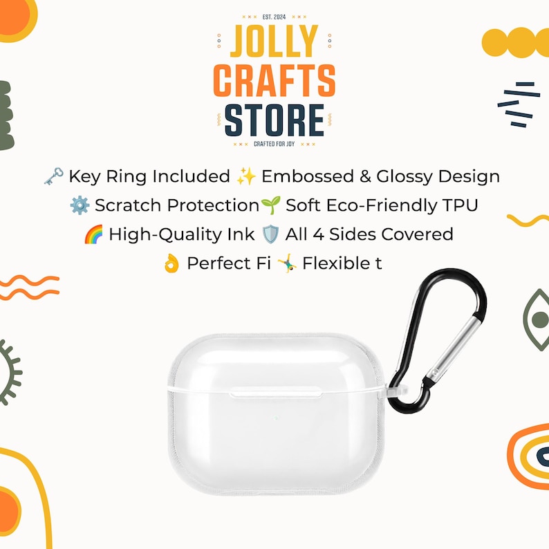May include: Clear protective case for earbuds with a black carabiner clip. The case is transparent, allowing the earbuds to be visible. The image includes the text "JOLLY CRAFTS STORE" and features like "Key Ring Included" and "Scratch Protection".