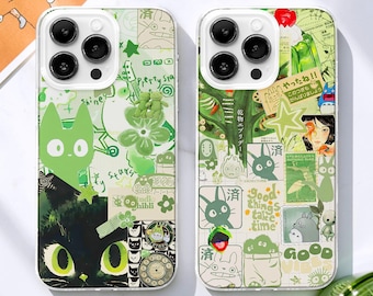 Japanese Cartoon Collage MagSafe Phone Case, Kawaii Green Cover, iPhone 17 Samsung