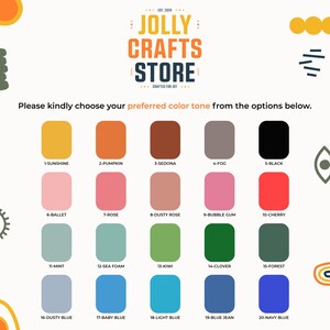 May include: A graphic featuring the "JOLLY CRAFTS STORE" logo and a color palette with 20 color options, each labeled with a name like "Sunshine," "Pumpkin," and "Black." The text prompts the viewer to choose their preferred color tone.