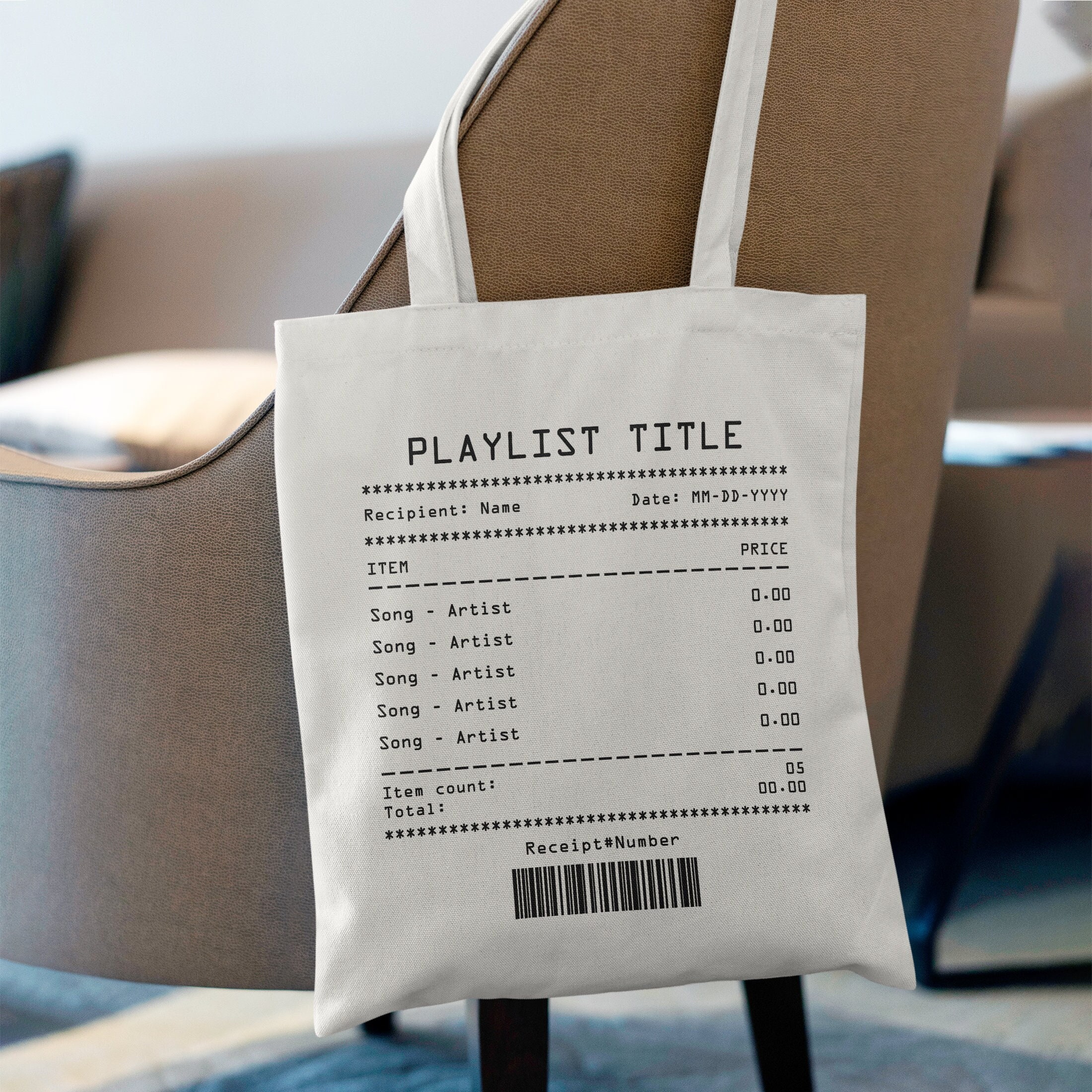 Custom Song Receipt Tote Bag, Personalized Playlist Receipt Cotton Canvas Bag, Custom Music Shoulder Bag, Customizable Song Shopping Bag