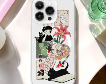 Funda para teléfono MagSafe con collage de dibujos animados japoneses, funda Kawaii Manga Gato Negro, iPhone 17 Samsung