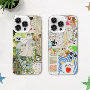Funda para teléfono MagSafe inspirada en manga japonesa, funda para teléfono con dibujos de gatos kawaii, moodboard de cómics y anime, iPhone 15 14 13 12, Samsung S24 S23 S22