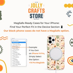 Puede incluir: Una funda de tel&eacute;fono blanca con un patr&oacute;n de cactus y calaveras en marr&oacute;n, blanco y verde. Un anillo magn&eacute;tico blanco est&aacute; unido a la parte posterior de la funda. La funda est&aacute; conectada a un cable de carga blanco. Un men&uacute; desplegable muestra los diferentes modelos de iPhone y las opciones MagSafe disponibles.
