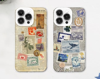 Funda MagSafe para teléfono Samsung con collage de periódicos vintage, diseño retro de sellos postales para álbum de recortes, compatible con iPhone 16 y 15, Samsung.