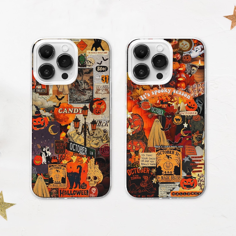 Halloween Collage MagSafe Phone Case, Spooky Horror Movie Phone Cover,  Vintage Ghost Aesthetic, iPhone 16 15 14 13 12, Samsung S24 S23 S22, october 31, pumpkin spice case, autumn case, fall season, orange aesthetic gift, grunge case, spooky season