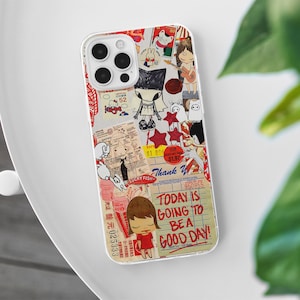 Vintage Cartoon Collage MagSafe Phone Case, Anime Scrapbook Phone Cover, Kawaii Manga Comics Gift, iPhone 16 15 14 13, Samsung S24 S23 S22, thank you receipt case, Korean cat case, red beige aesthetic, retro postal stamp aesthetic, custom guest check
