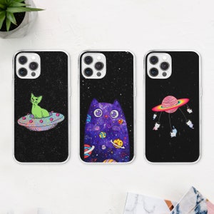 Space Cat Meow MagSafe Phone Case, Linda mascota Kitty Phone Cover, UFO Cartoon Cat Meme Estética, iPhone 15 14 13 12 11 Pro, Samsung S24 S23