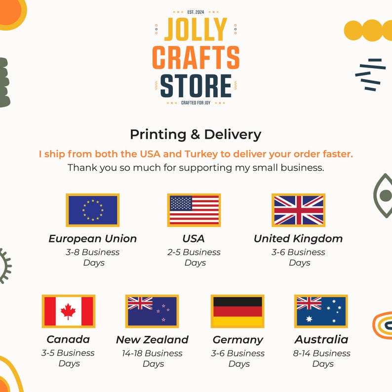 May include: The Jolly Crafts Store logo with the text "EST. 2024" and "CRAFTED FOR JOY". Below, the text "Printing & Delivery" is displayed. Flags of the European Union, USA, United Kingdom, Canada, New Zealand, Germany, and Australia are shown with estimated delivery times.