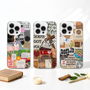 May include: Three smartphone cases featuring collage-style designs with religious themes. The cases display various text elements including 'JESUS', 'GOD'S GOT YOU', 'faith', and 'MADE TO WORSHIP', alongside imagery of crosses, leopard print, and suns.