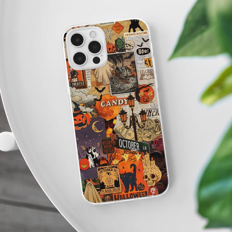 Halloween Collage MagSafe Phone Case, Spooky Horror Movie Phone Cover,  Vintage Ghost Aesthetic, iPhone 16 15 14 13 12, Samsung S24 S23 S22, october 31, pumpkin spice case, autumn case, fall season, orange aesthetic gift, grunge case, spooky season