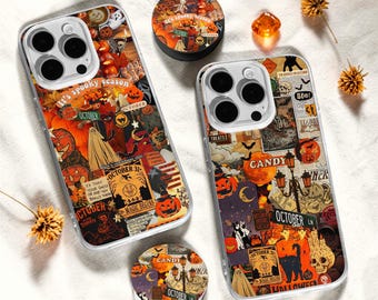 Halloween Collage Phone Case with Phone Grip Gift, Spooky MagSafe Cover iPhone 18