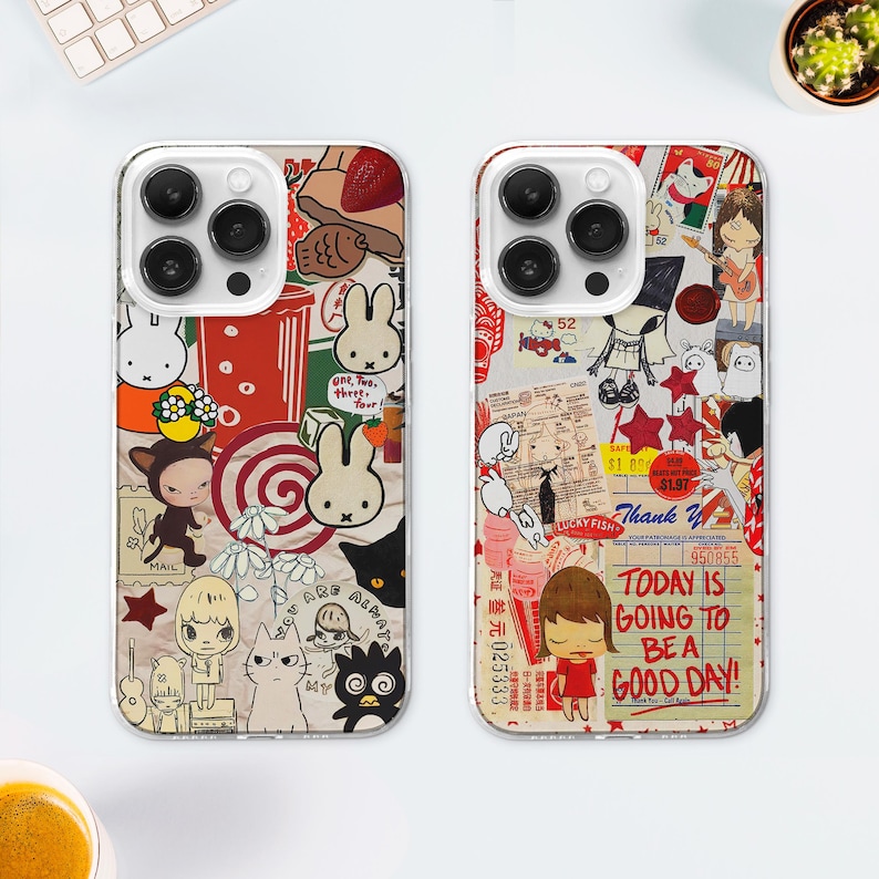 Vintage Cartoon Collage MagSafe Phone Case, Anime Scrapbook Phone Cover, Kawaii Manga Comics Gift, iPhone 16 15 14 13, Samsung S24 S23 S22, thank you receipt case, Korean cat case, red beige aesthetic, retro postal stamp aesthetic, custom guest check