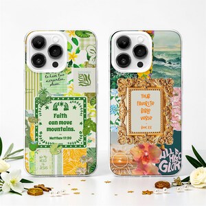 May include: Two smartphone cases featuring collage designs. The left case has green and yellow botanical patterns with text reading Faith can move mountains. The right case displays a gold ornate frame with text reading Your favorite Bible verse.