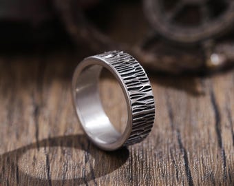 Titanium Steel Ring for Men: Engraved Bark Pattern, Minimalist Band