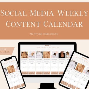 Puede incluir: Una plantilla de calendario de contenido de redes sociales para una semana, que se muestra en una pantalla de computadora, una tableta y un teléfono inteligente. La plantilla está diseñada para ayudar a los usuarios a planificar y programar sus publicaciones en redes sociales. La plantilla incluye secciones para el día de la semana, el tipo de contenido y la leyenda. La plantilla es fácil de editar en Google Sheets.
