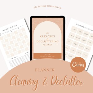 May include: A digital planner with a neutral color palette. The tablet displays "The Cleaning & Decluttering Planner" with a monthly overview and decluttering challenge pages. The text "Cleaning & Declutter" is at the bottom.