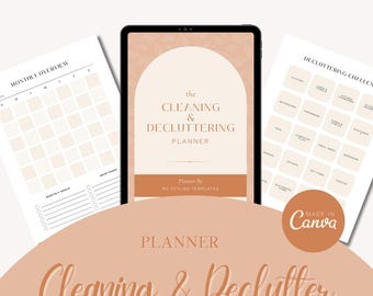 May include: A digital planner with a neutral color palette. The tablet displays "The Cleaning & Decluttering Planner" with a monthly overview and decluttering challenge pages. The text "Cleaning & Declutter" is at the bottom.