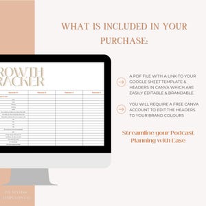 May include: A computer screen displaying a Google Sheet template for podcast planning. The template is titled "Growth Tracker" and includes columns for episode number, date, title, and other details. The text "What is included in your purchase?" is displayed above the screen. The text below the screen says "A PDF file with a link to your Google Sheet template & headers in Canva which are easily editable & brandable. You will require a free Canva account to edit the headers to your brand colours. Streamline your Podcast Planning with Ease."