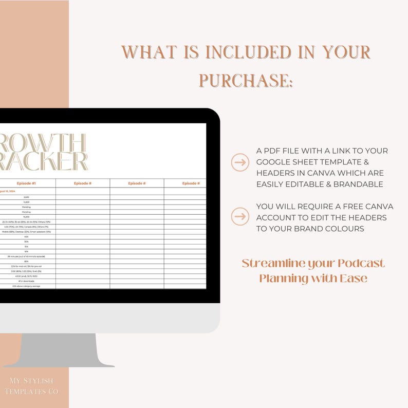 May include: A computer screen displaying a Google Sheet template for podcast planning. The template is titled "Growth Tracker" and includes columns for episode number, date, title, and other details. The text "What is included in your purchase?" is displayed above the screen. The text below the screen says "A PDF file with a link to your Google Sheet template & headers in Canva which are easily editable & brandable. You will require a free Canva account to edit the headers to your brand colours. Streamline your Podcast Planning with Ease."
