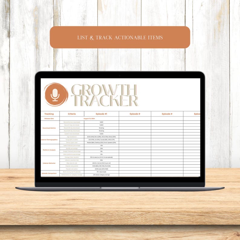 May include: A laptop computer screen displaying a spreadsheet titled "Growth Tracker" with columns for tracking metrics such as "Follower Size", "Audience Demographics", and "Network Analysis". The spreadsheet has a brown header with the text "List & Track Actionable Items".