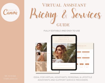 Puede incluir: Una guía digital para asistentes virtuales, asistentes personales y de estilo de vida, y proveedores de servicios de asistencia. La guía incluye información sobre precios y servicios. La portada presenta a una mujer con cabello largo y castaño y una camisa blanca, con un fondo de hojas tropicales.