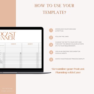 May include: A laptop computer screen displaying a podcast planner template with instructions on how to use the template. The instructions include downloading the PDF file, following the links, changing the text, editing the brand colors and fonts, using the document on Google Sheets, and watching the podcast process simplify. The text "Streamline your Podcast Planning with Ease" is displayed at the bottom of the screen.