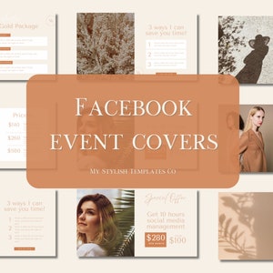 May include: A collection of Facebook event cover templates with a brown and beige color scheme. The templates feature text that says "Facebook Event Covers" and "My Stylish Templates Co.". The templates also feature images of people and nature.