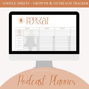 May include: A computer screen displaying a Google Sheets spreadsheet titled "Podcast Planner" with columns for "Episode #1", "Episode #2", and "Episode #3". The spreadsheet includes a list of podcast planning items, such as "Recording date", "Episode title", "Intro", "Outro", and "Questions for guest".