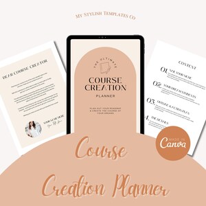 May include: A peach-colored digital planner with the text "The Ultimate Course Creation Planner" in a black circle with a peach-colored arch above it. The planner is designed to help you plan out your roadmap and create the course of your dreams. The planner is divided into four sections: "Nail Your Niche", "Your Dream Students", "Outline & Action Plan", and "The Details".