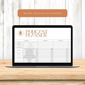 May include: A laptop computer screen displaying a podcast planner template. The template includes sections for episode title, date, recording details, key talking points, research notes, questions for guests, and engagement ideas. The template is designed to help podcasters organize and plan their episodes.