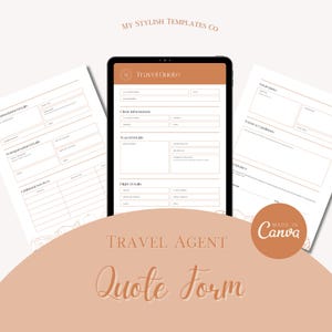 Puede incluir: Una plantilla digital para un formulario de presupuesto de agente de viajes. El formulario incluye secciones para la información del cliente, los detalles del viaje, los detalles del vuelo y los términos y condiciones. El formulario está diseñado en un estilo minimalista con un fondo melocotón y acentos dorados.