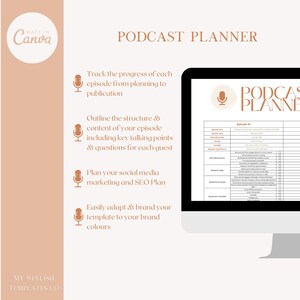 May include: A digital planner template for podcasters. The template includes sections for planning, outlining, and tracking the progress of each episode. The template is designed to help podcasters organize their content and track their progress.