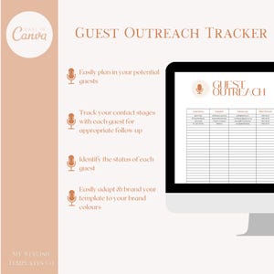 May include: A digital template for tracking guest outreach. The template includes columns for guest name, expertise, contact information, and initial outreach date. The template is designed to help users easily plan, track, and manage their guest outreach efforts.
