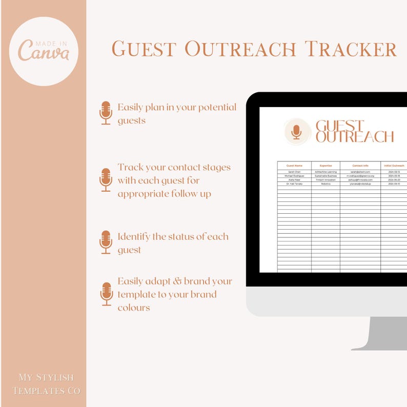 May include: A digital template for tracking guest outreach. The template includes columns for guest name, expertise, contact information, and initial outreach date. The template is designed to help users easily plan, track, and manage their guest outreach efforts.